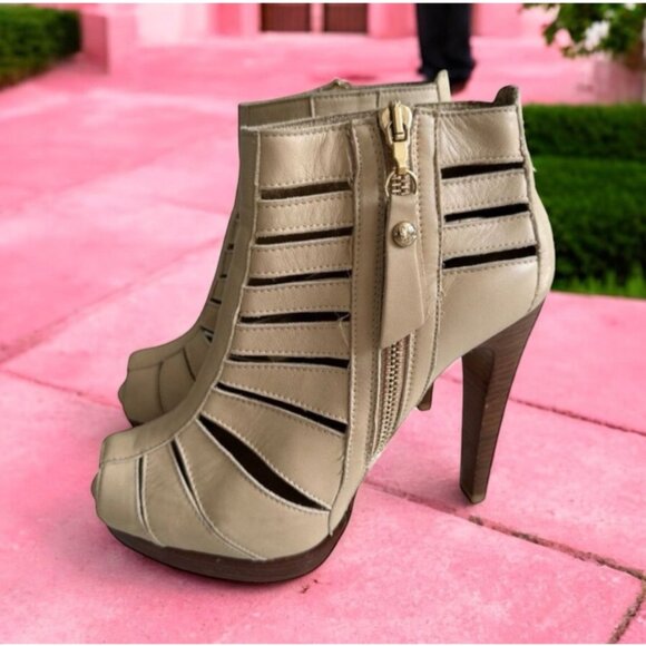 STUART WEITZMAN Tan Leather Peeptoe Heels Size 4.5 - Picture 1 of 8